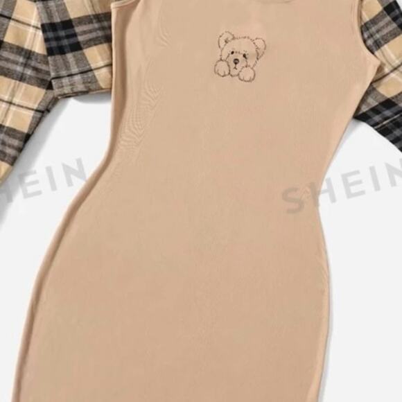 SHEIN Plus Plaid Blouse & Bear Print Bodycon Dress - Picture 3 of 4